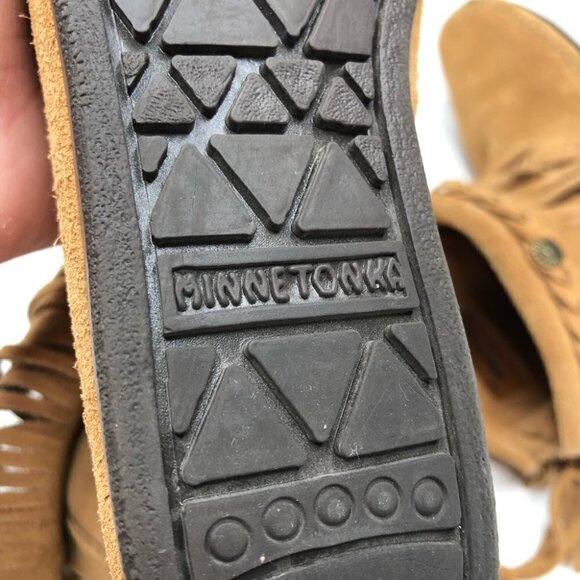 NEW Minnetonka Camel Brown Suede Fringed Braided High Top Zipper Moccasin Bootie - Picture 13 of 14